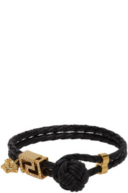 Versace - Black & Gold Leather Greca Bracelet