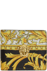 Versace - Portefeuille à deux volets noir et jaune Barocco