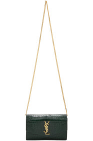 Saint Laurent - Green Croc Monogramme Envelope Chain Wallet Bag
