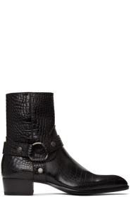 Saint Laurent - Bottes embossées façon croco à harnais noires Wyatt