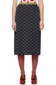 Gucci - Jupe en laine bleu marine et dorée GG