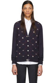 Gucci - Navy Wool GG Bee Cardigan