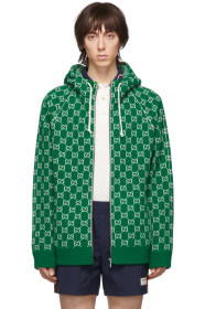 Gucci - Pull à capuche et glissière en laine vert et blanc cassé GG