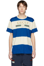 Gucci - T-shirt blanc cassé et bleu Vintage Logo