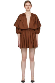 Valentino - Brown Pleated V-Neck Mini Dress