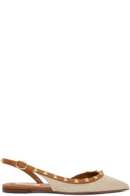 Valentino - Ballerines en raphia beiges Rockstud Slingback Valentino Garavani