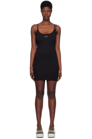 Black Off Stamp Ribbed Mini Dress