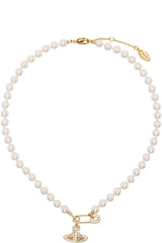 Gold & White One Row Faux-Pearl Bas Relief Choker