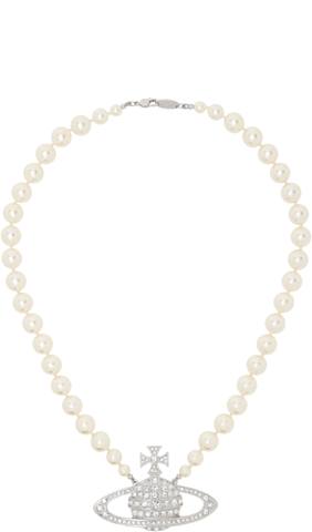 Silver & White One Row Faux-Pearl Bas Relief Choker
