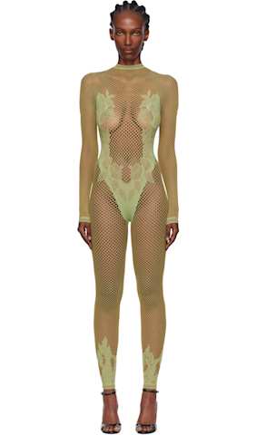 Beige Leaves Fishnet Jumpsuit
