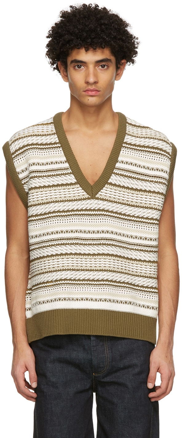 WOOYOUNGMI Khaki & White Striped V-Neck Sweater Vest