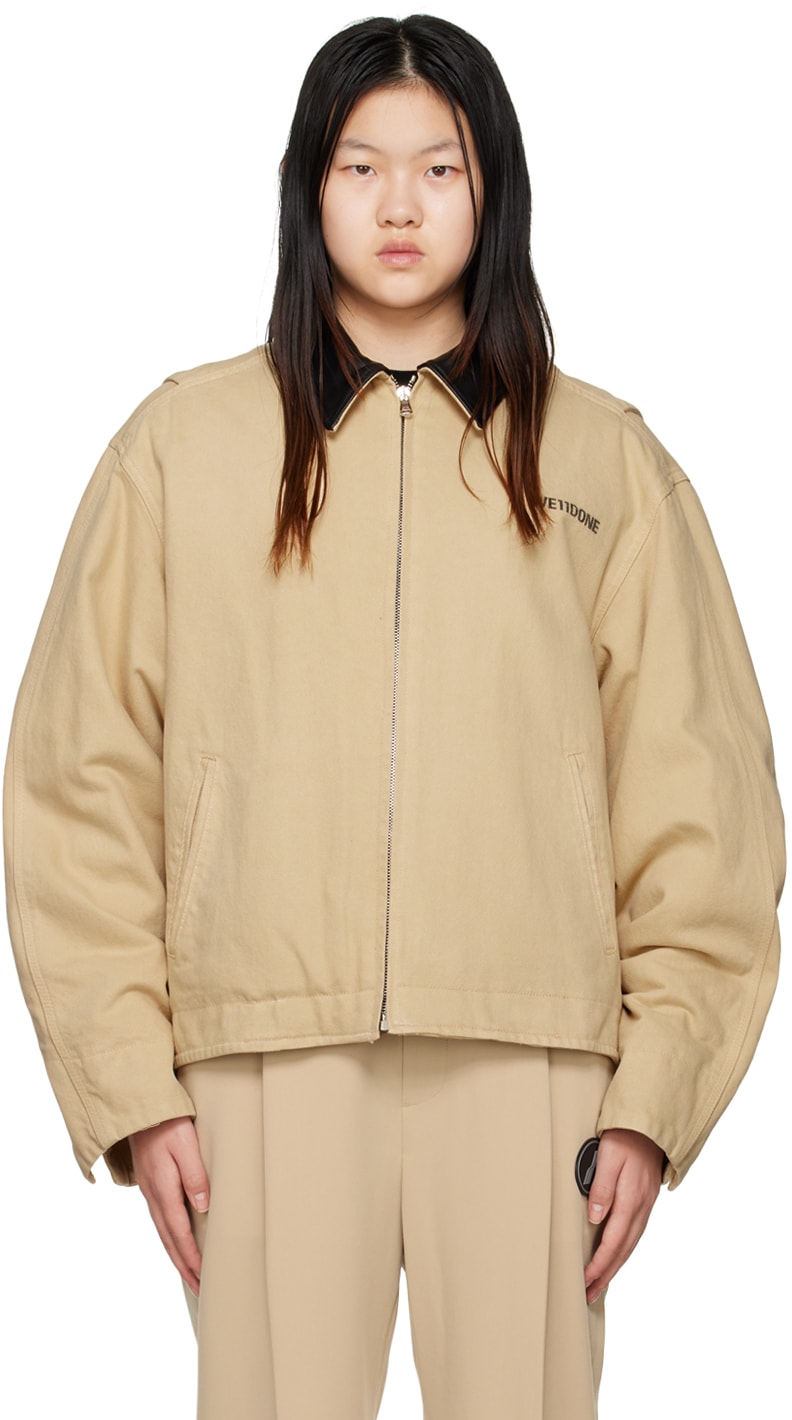 Beige Lambskin Trim Jacket by WE11DONE, available on ssense.com for $939 Hailey Baldwin Outerwear Exact Product 