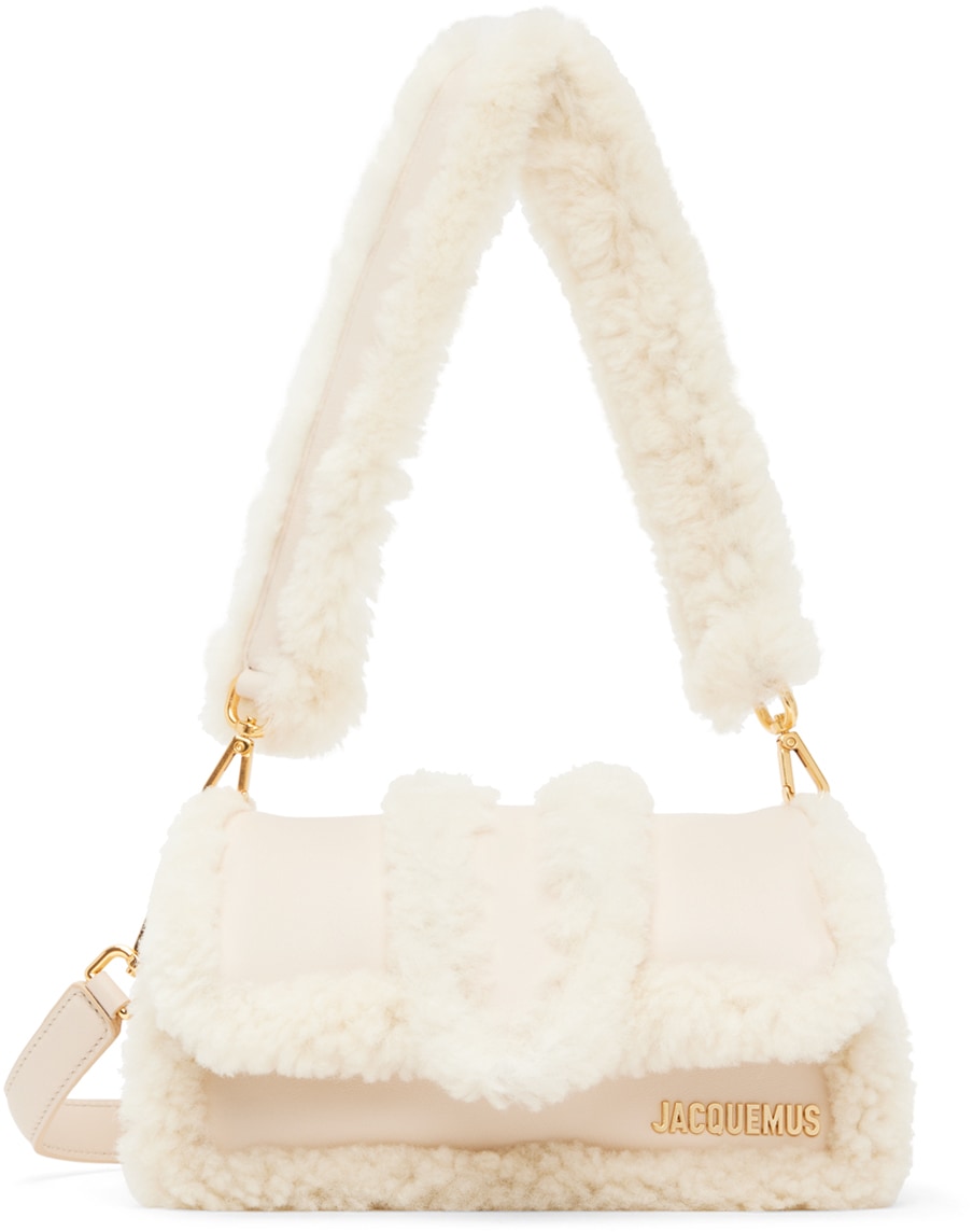 Jacquemus white shearling wool handbag. Luxury fashion at Holocene