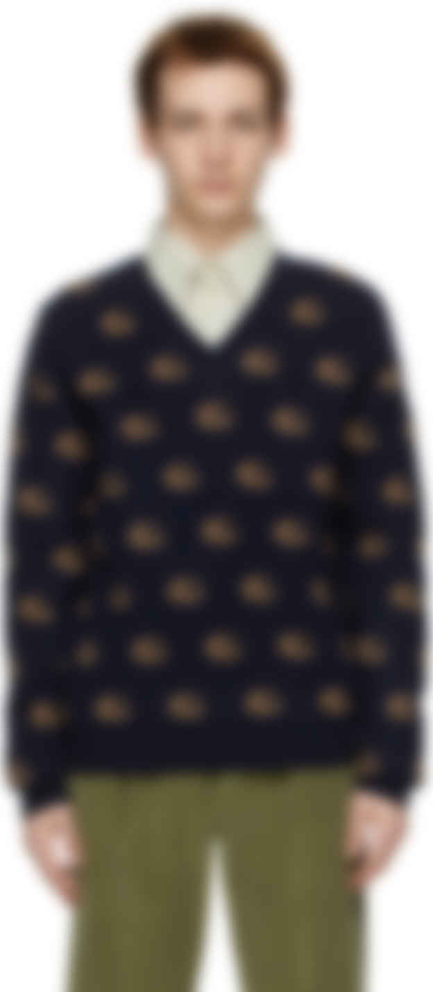 Gucci Navy Jacquard Double G V Neck Sweater Ssense Uk