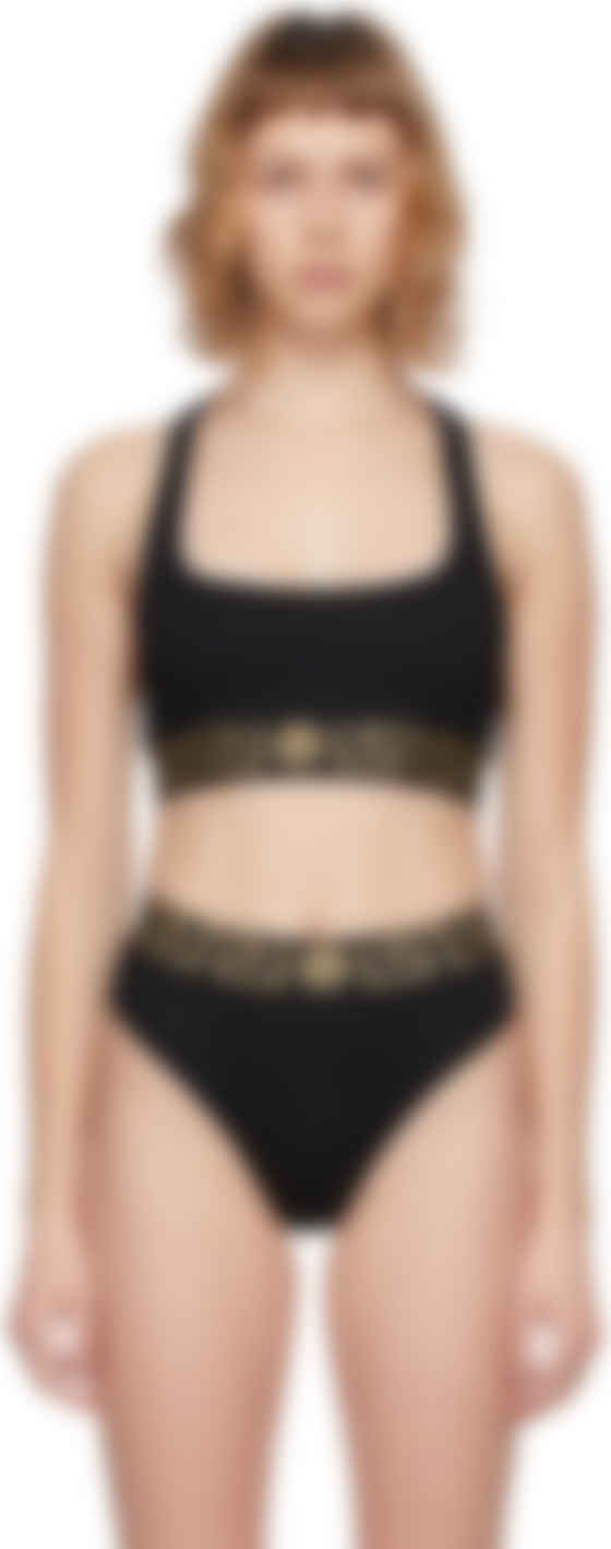 Versace Underwear Black Greca Border Sports Bra Ssense Slim strap, rounded square neck sports bra, with statement greca border banding and racer back. black greca border sports bra