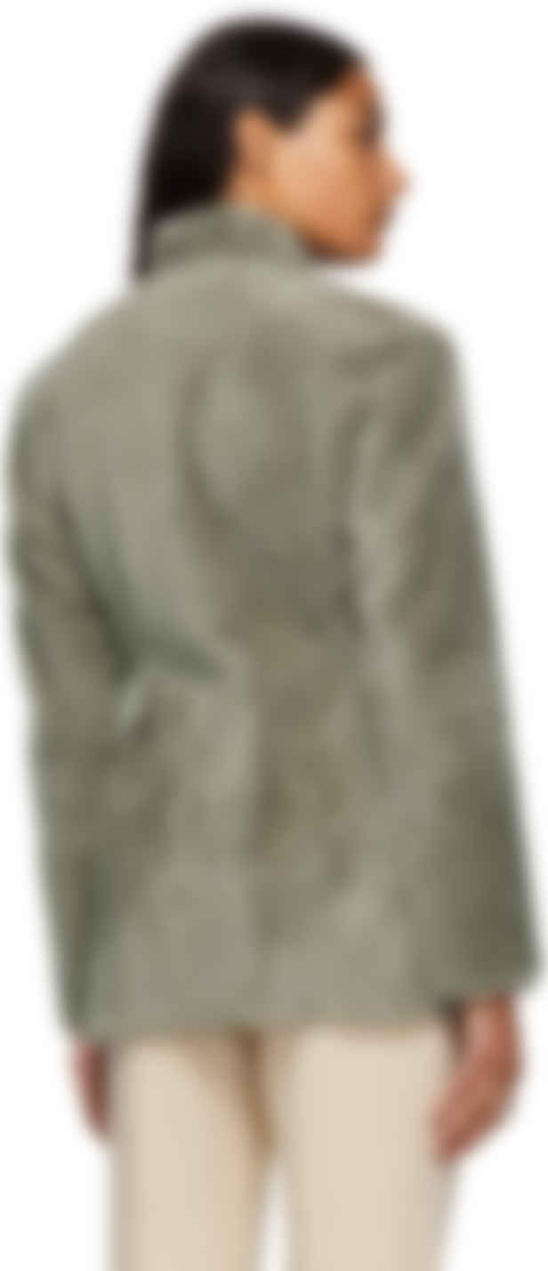 grey collarless jacket