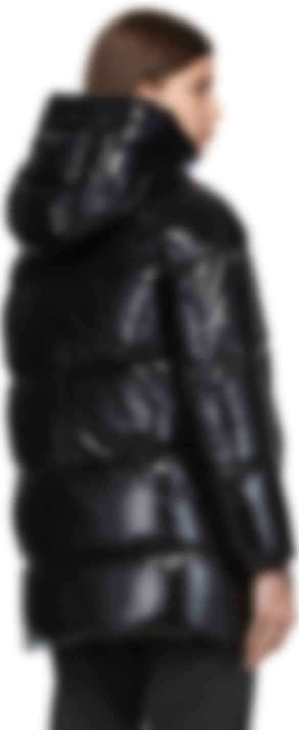 down filled black leather bubble jacket