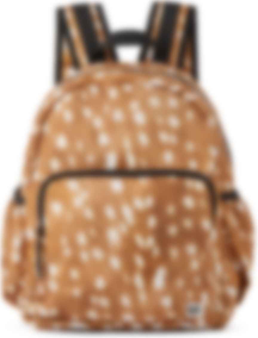 white and brown backpack