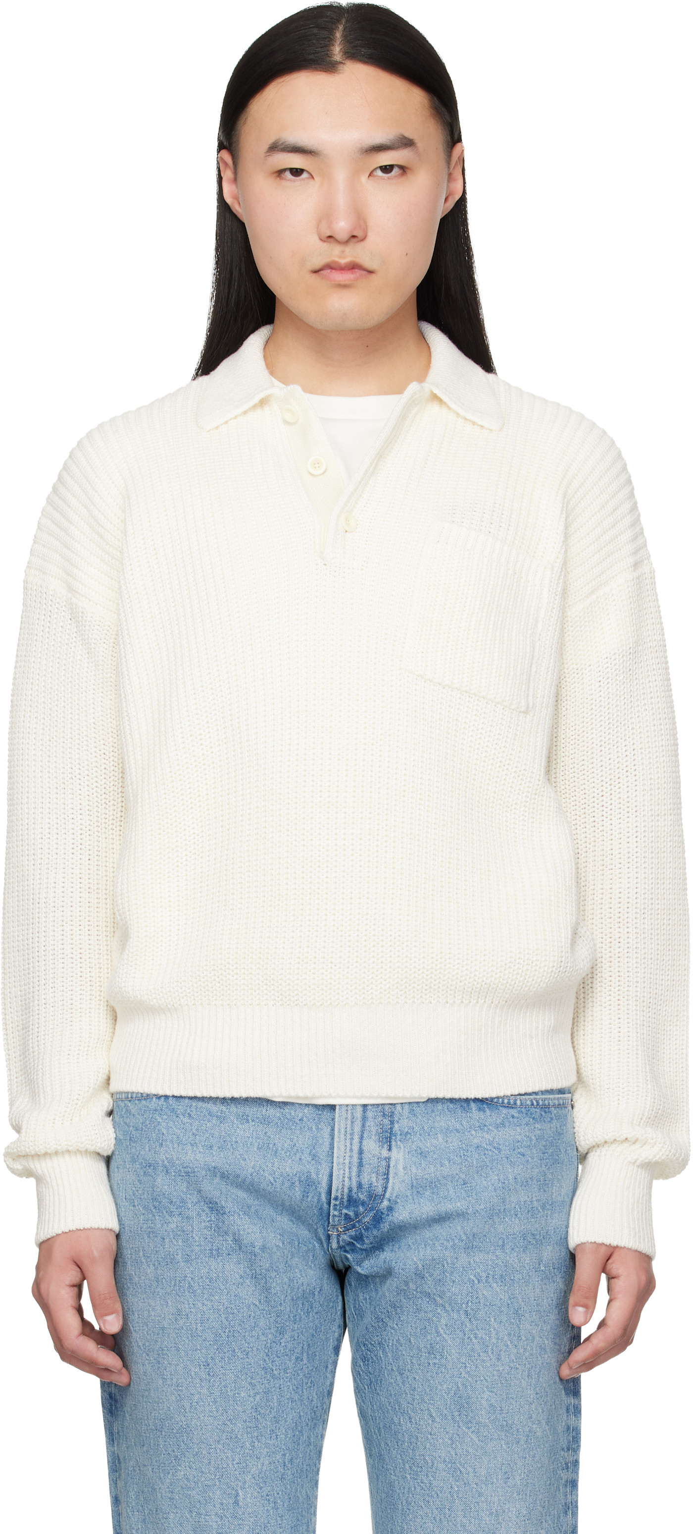 White Silk Linen Polo Sweater classic cream