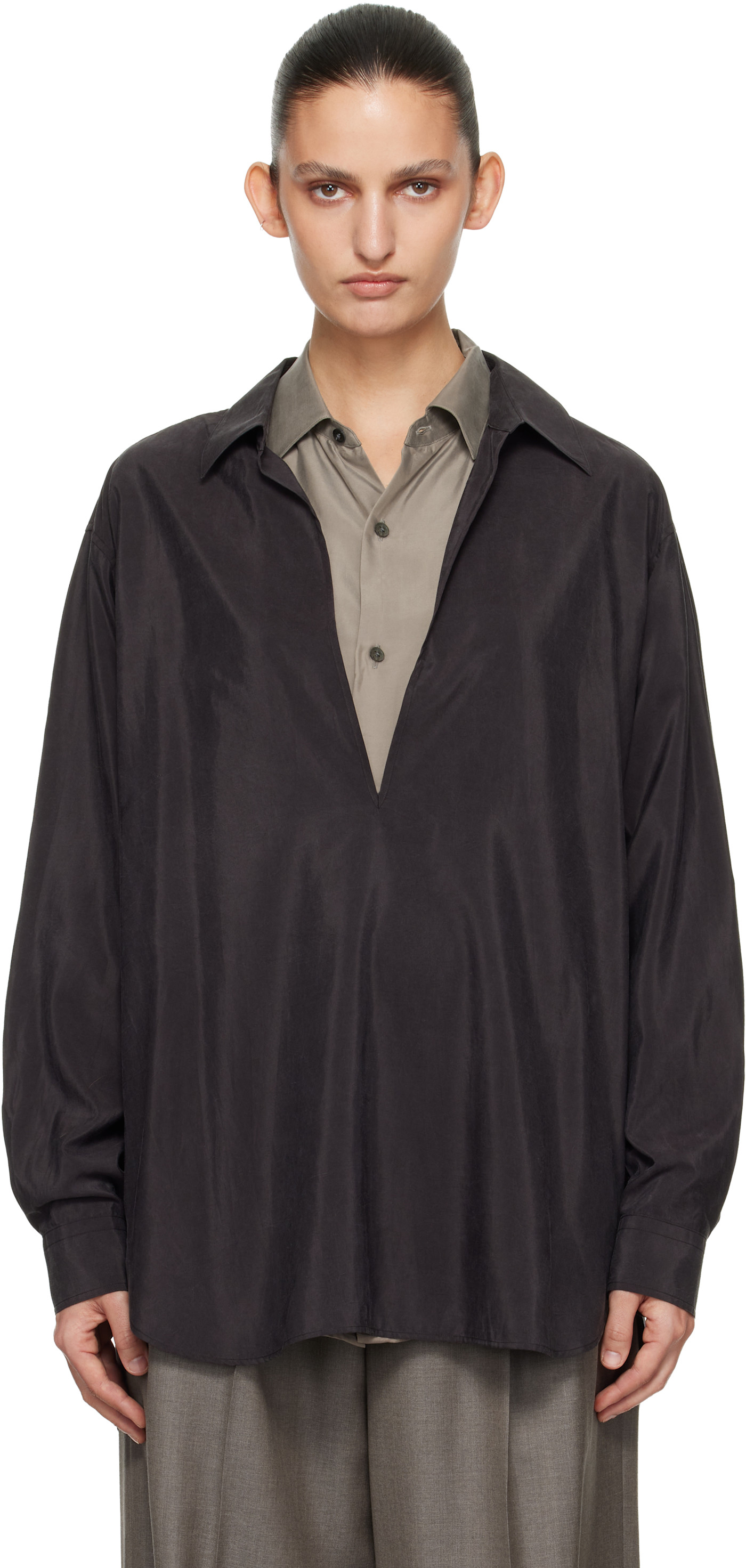 Brown Silk Nylon Skipper Shirt charcoal brown