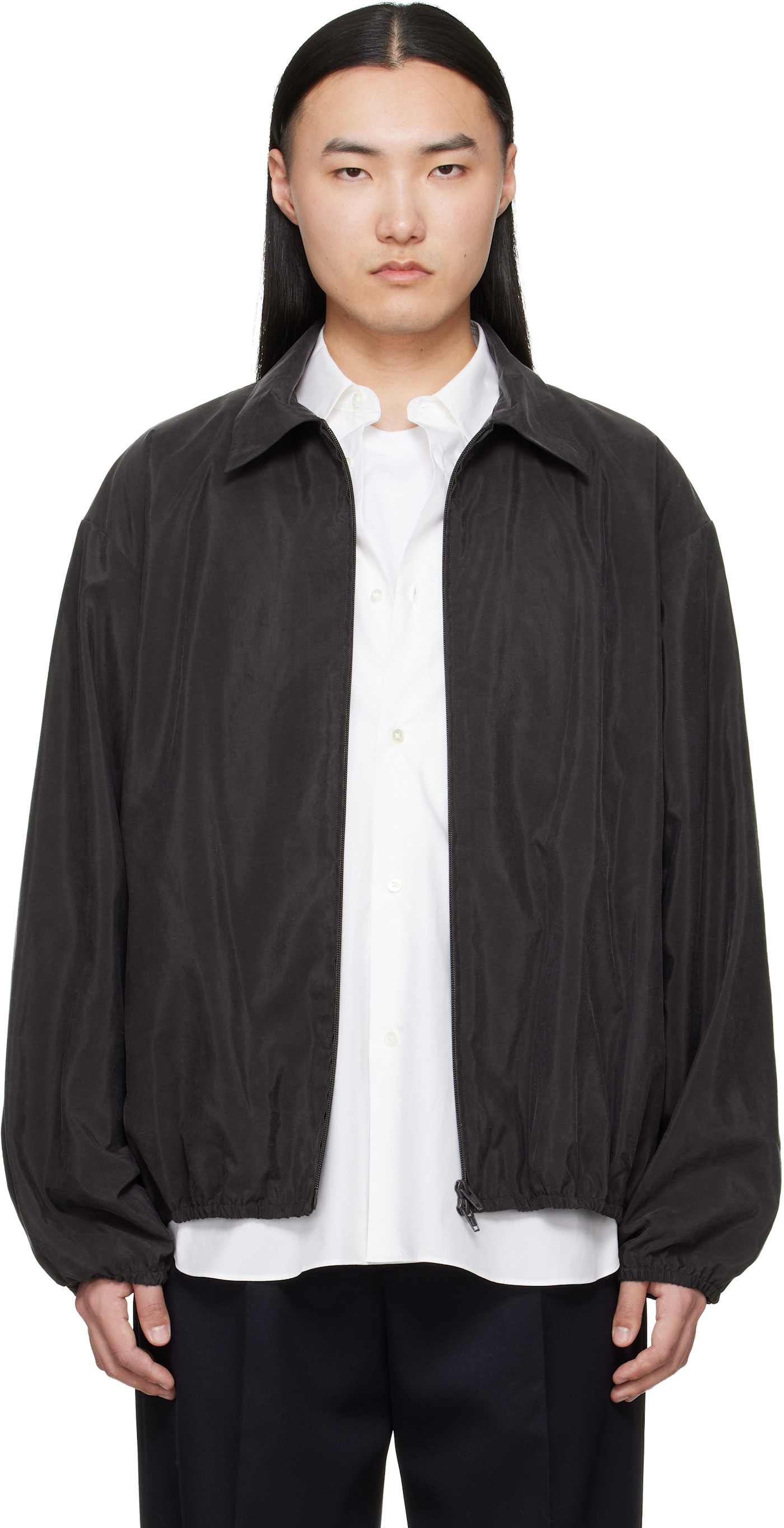 Brown Silk Nylon Collared Zip Jacket charcoal brown