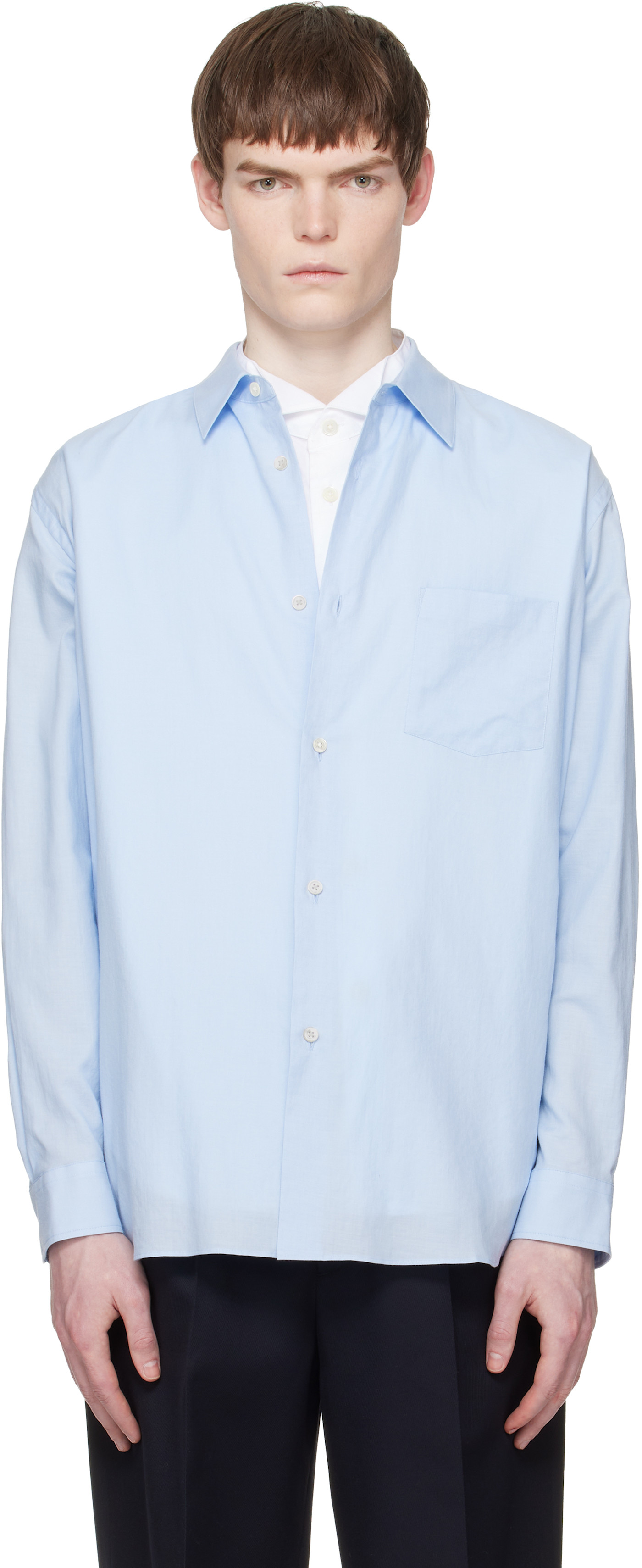 Blue Cotton Silk Oversized Regular Collar Shirt sax