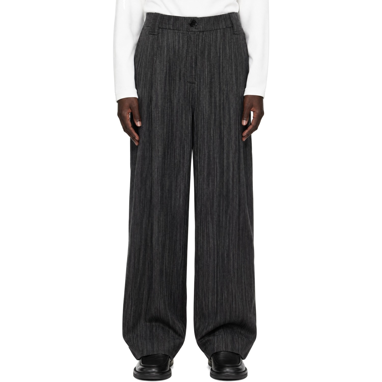 GANNI Gray Drapey Stripe Suiting Mid Waist Pleat Trousers