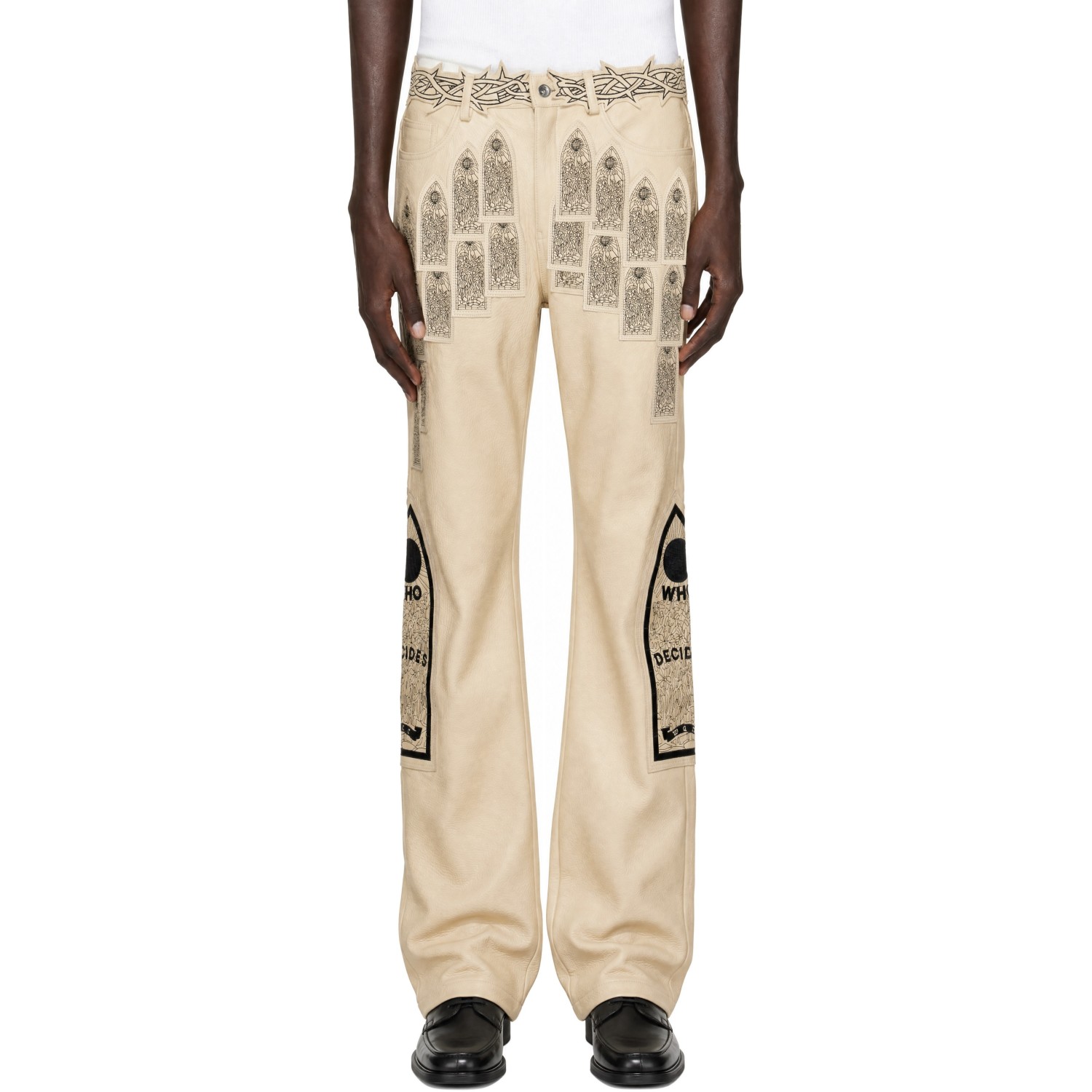 Who Decides War Beige Patched Arch Embroidered Leather Trousers