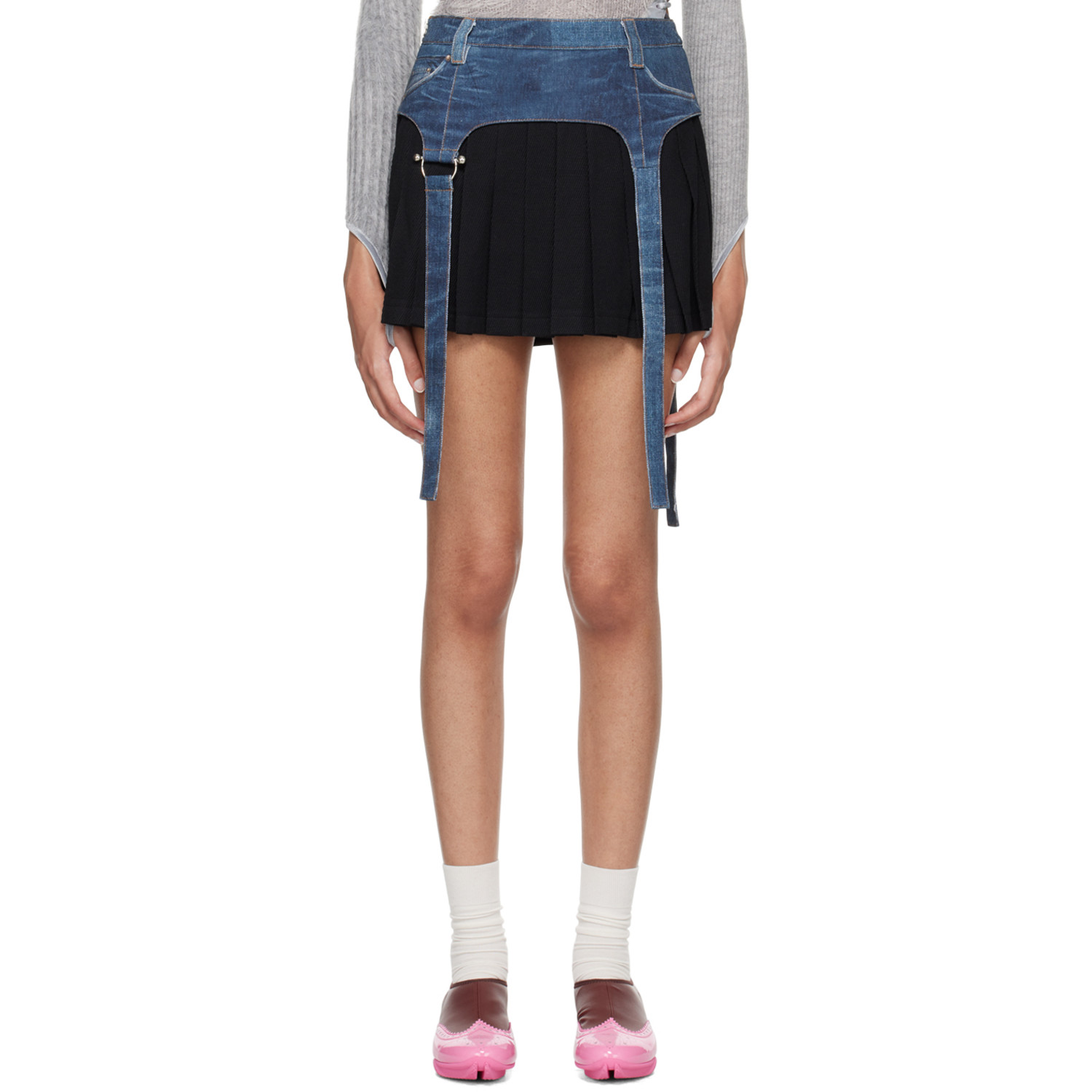 Andersson Bell Blue & Black Trompe L'œil Pleats Miniskirt