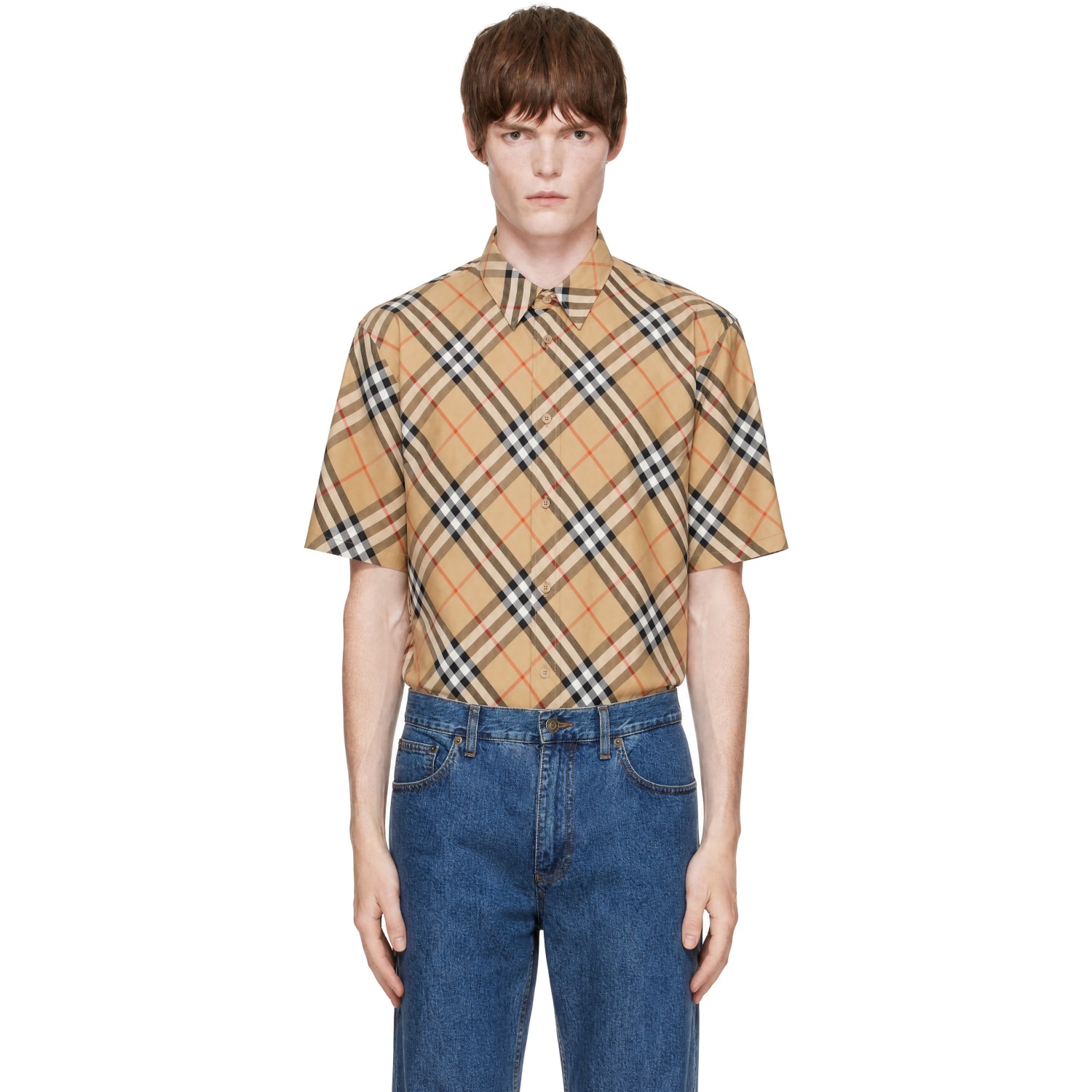Burberry Beige Classic Fit Check Cotton Poplin Shirt