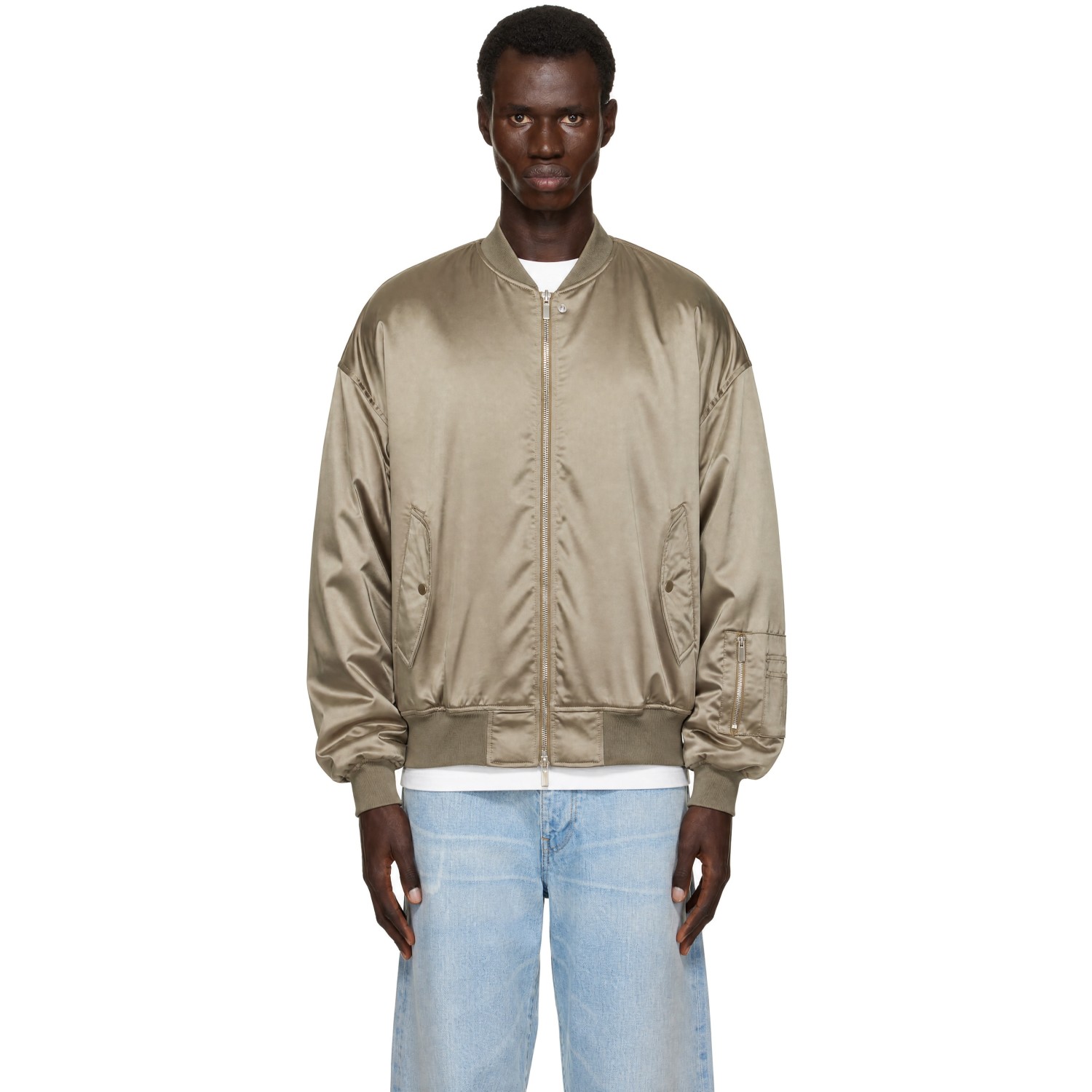 System Khaki Satin Bomber Jacket