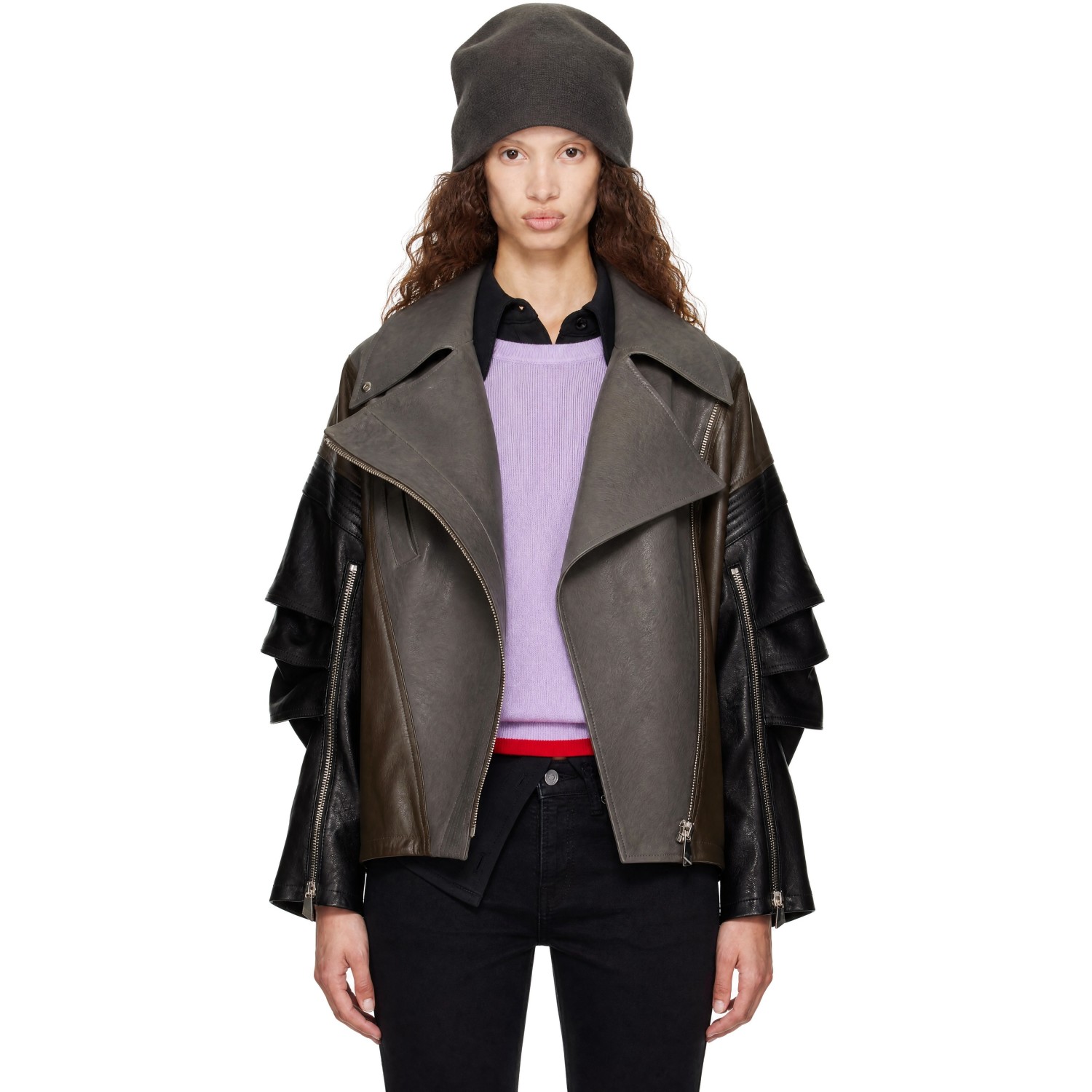 The Attico Gray & Black Kylie Leather Bomber Jacket