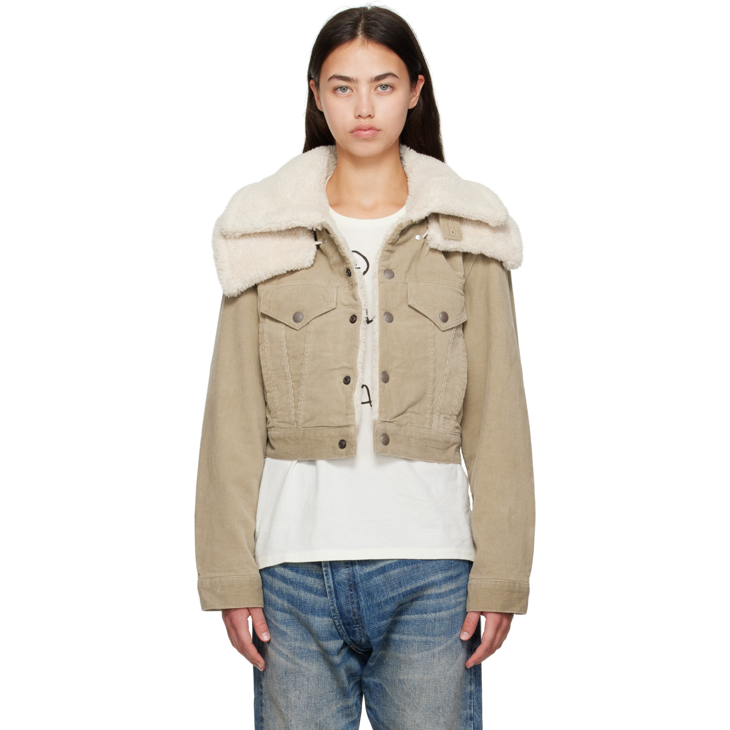 R13 Taupe Double Collar Sherpa Trucker Jacket