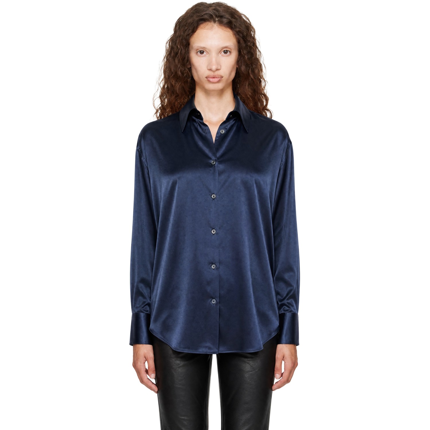 TOM FORD Navy Stretch Silk Satin Relaxed Fit Shirt