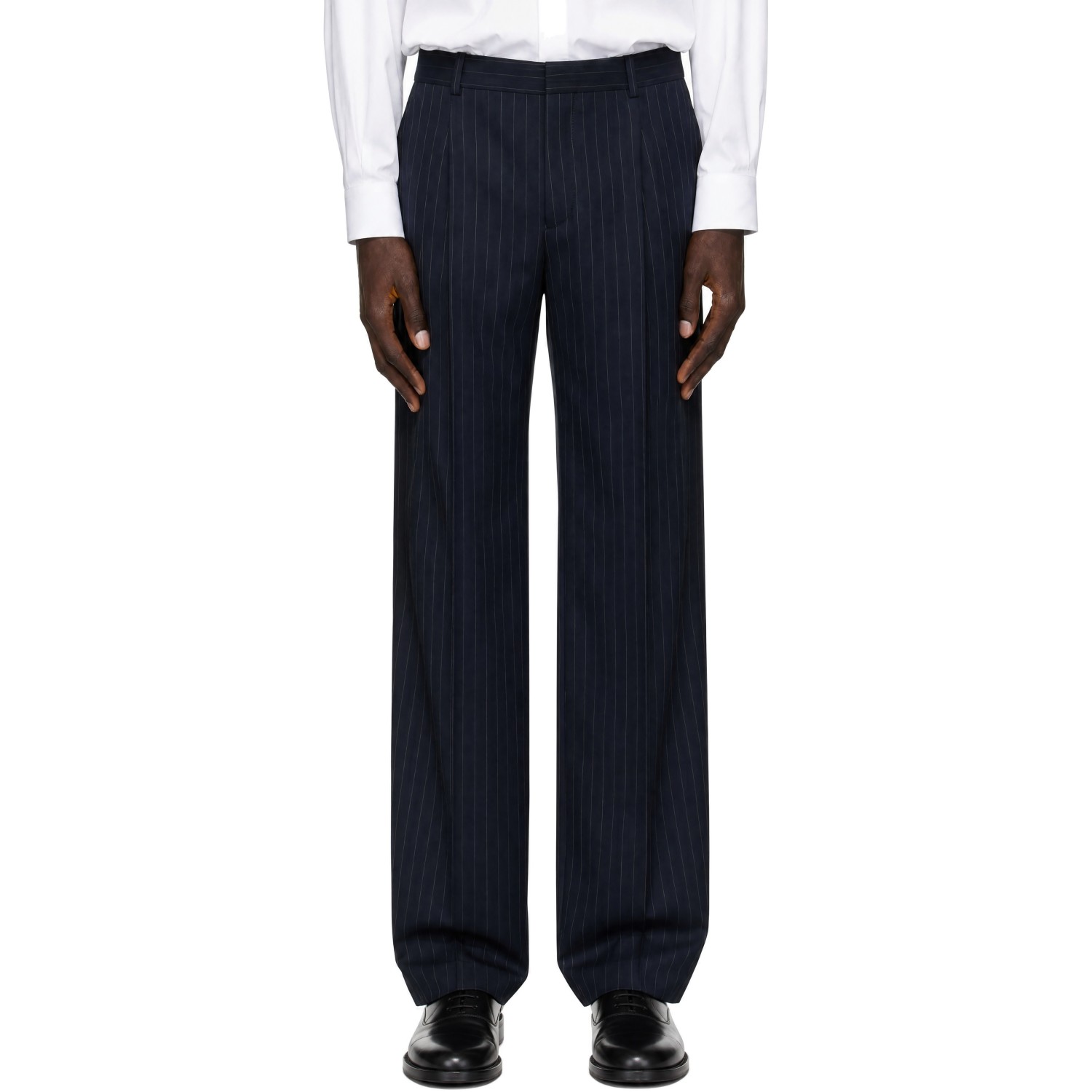 BALMAIN Navy Wide Pinstripe Wool Trousers