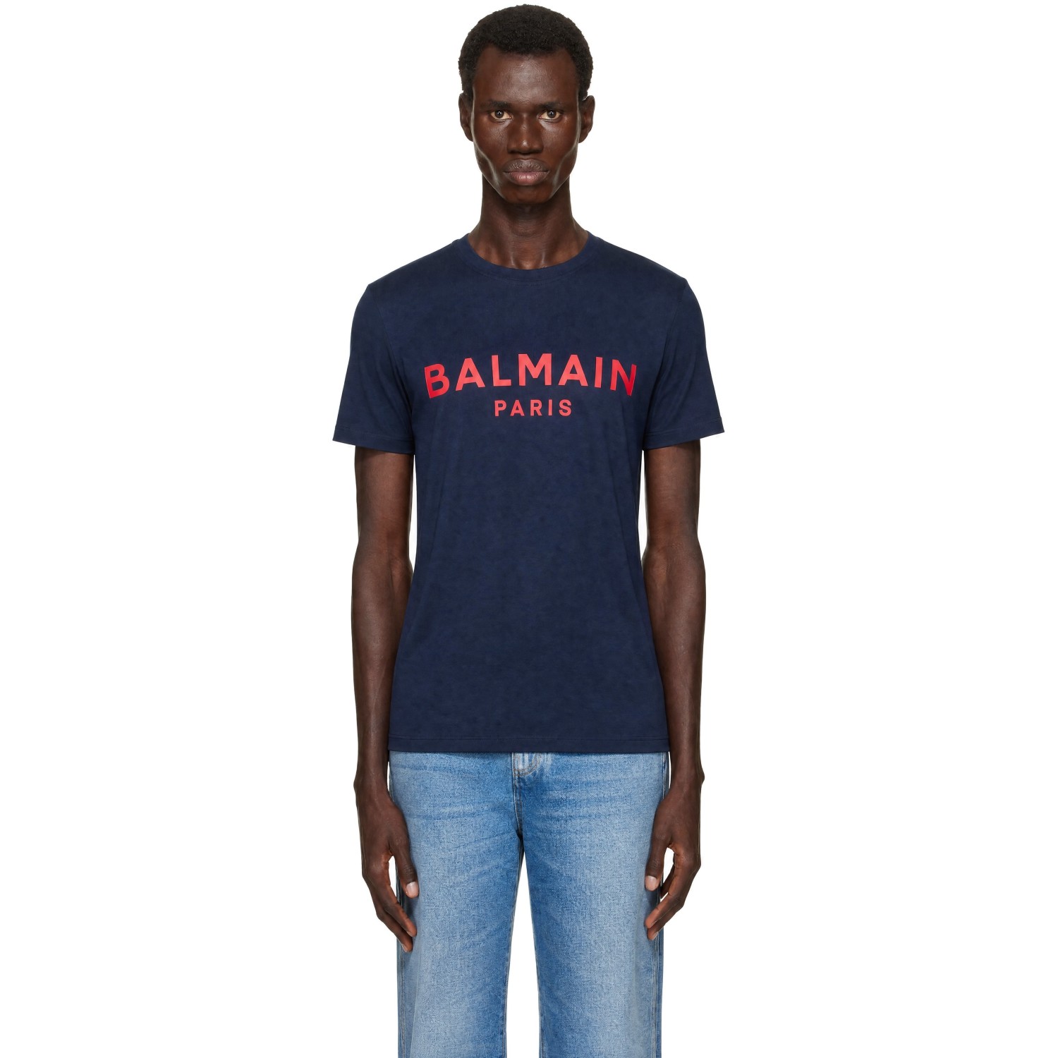 BALMAIN Navy & Red Printed 'Balmain Paris' T-shirt