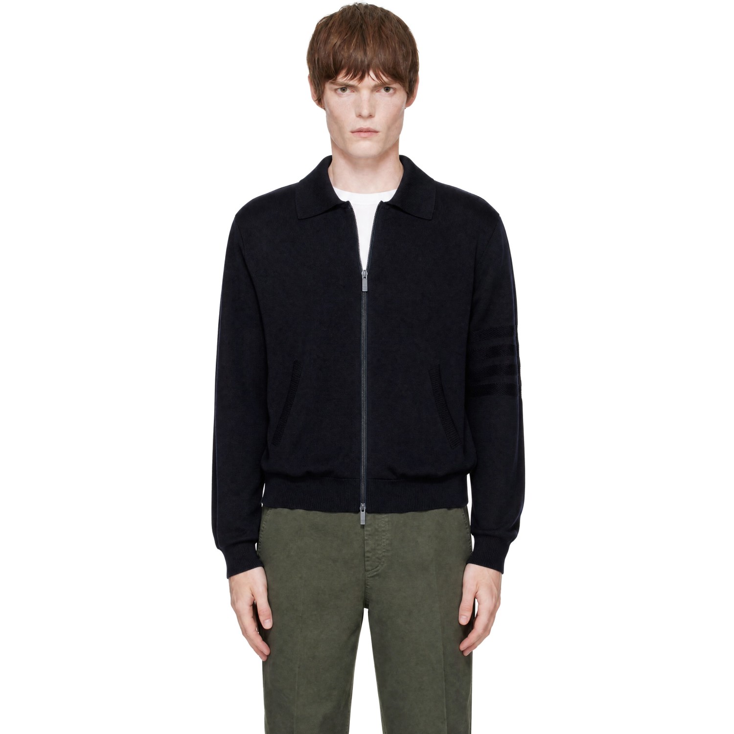Thom Browne Navy 4-Bar Wool Linen Full Zip Cardigan