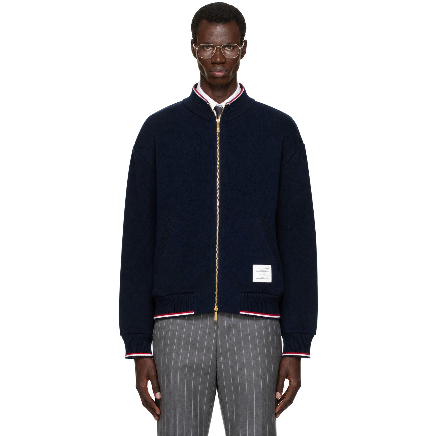 Thom Browne Navy Funnel Neck RWB Tipping Zip Jacket