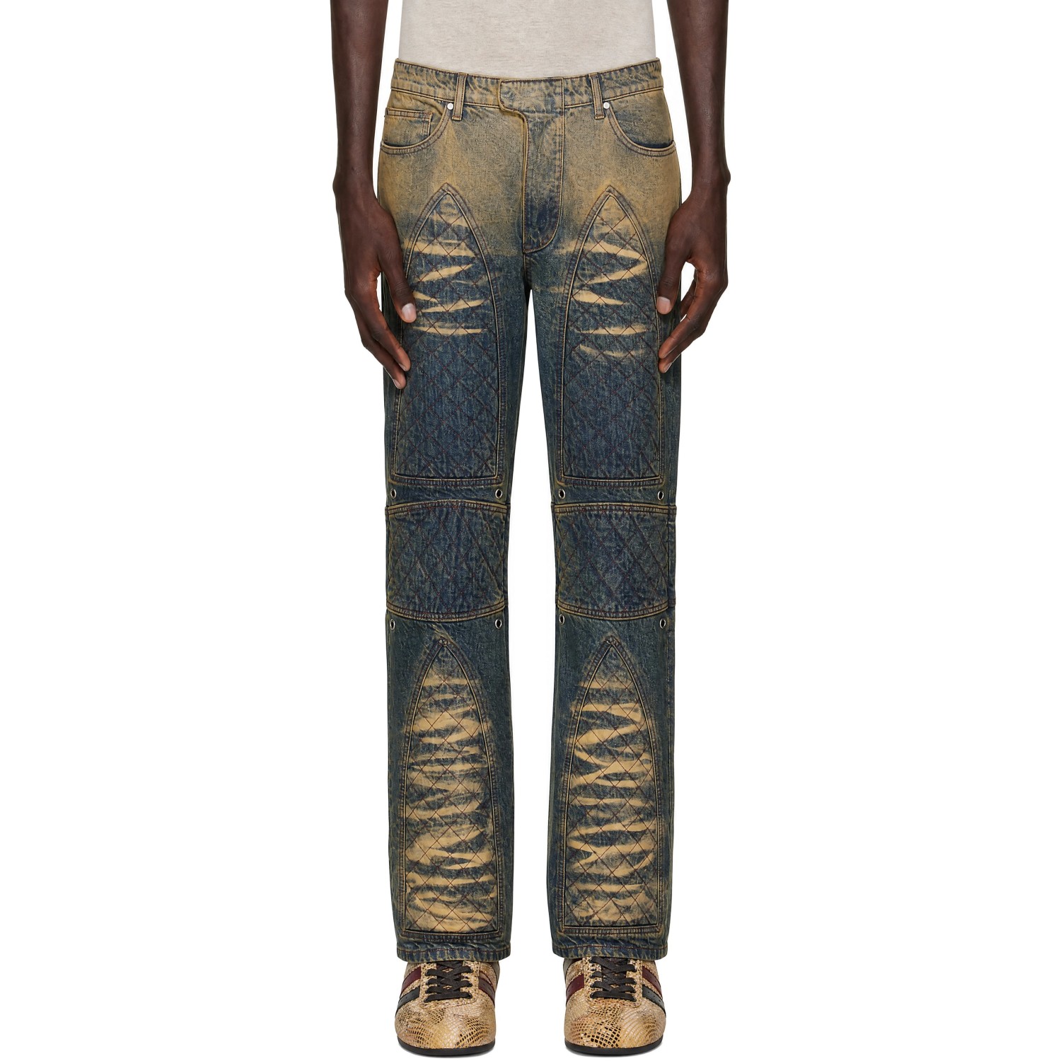 Who Decides War Blue & Beige Moto Quilted Jeans