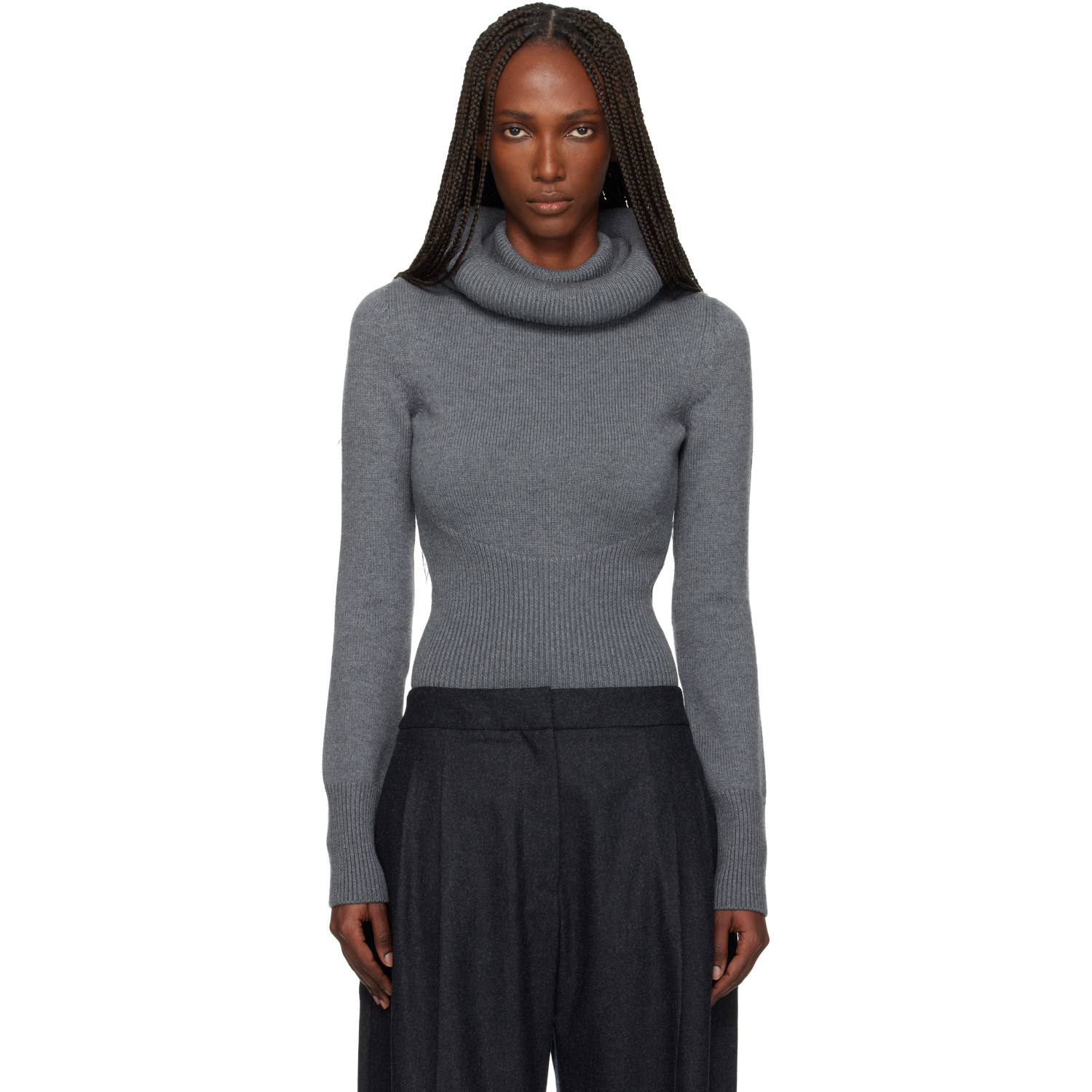 ALAÏA Gray Sculptural Hood Ribbed Knit Turtleneck