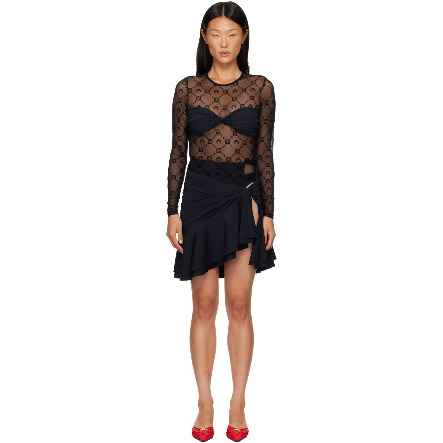 Marine Serre Black Monogram Mesh Flock Ruffles Minidres