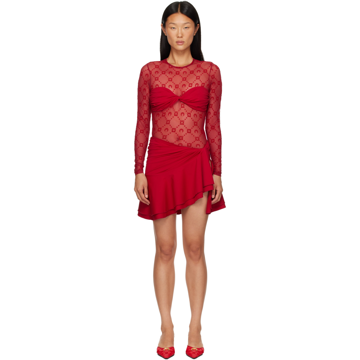 Marine Serre Red Monogram Mesh Flock Ruffles Minidres
