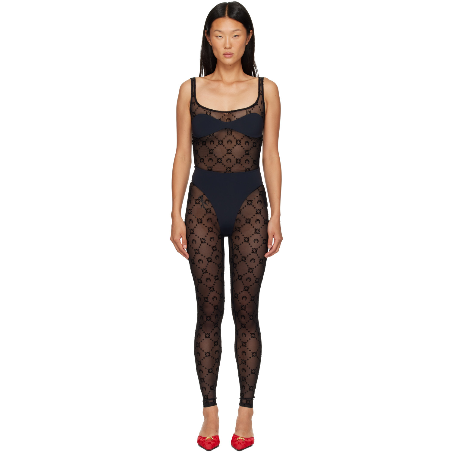 Marine Serre Black Monogram Mesh Flock Jumpsuit
