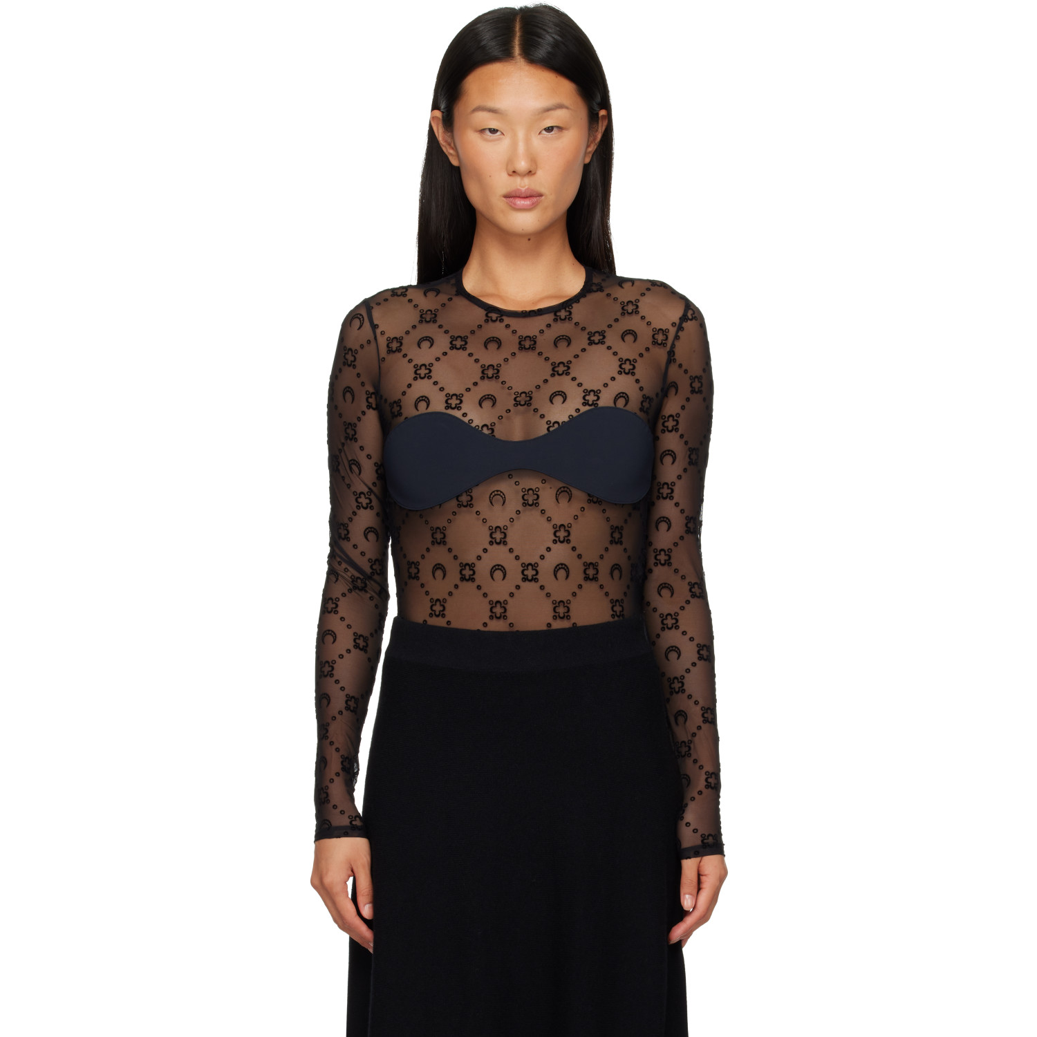 Marine Serre Black Monogram Mesh Flock Bodysuit