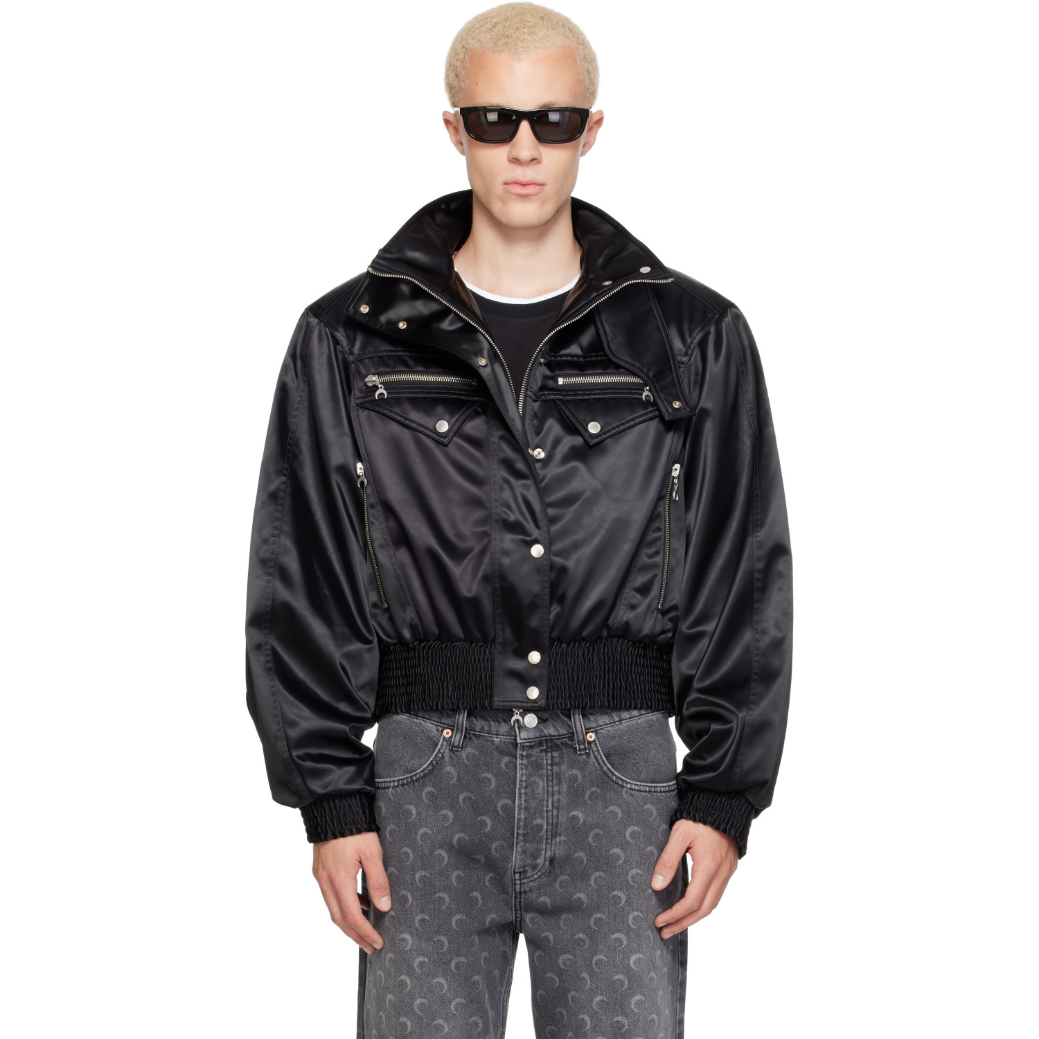 Marine Serre Black Satin Nylon Bomber Jacket