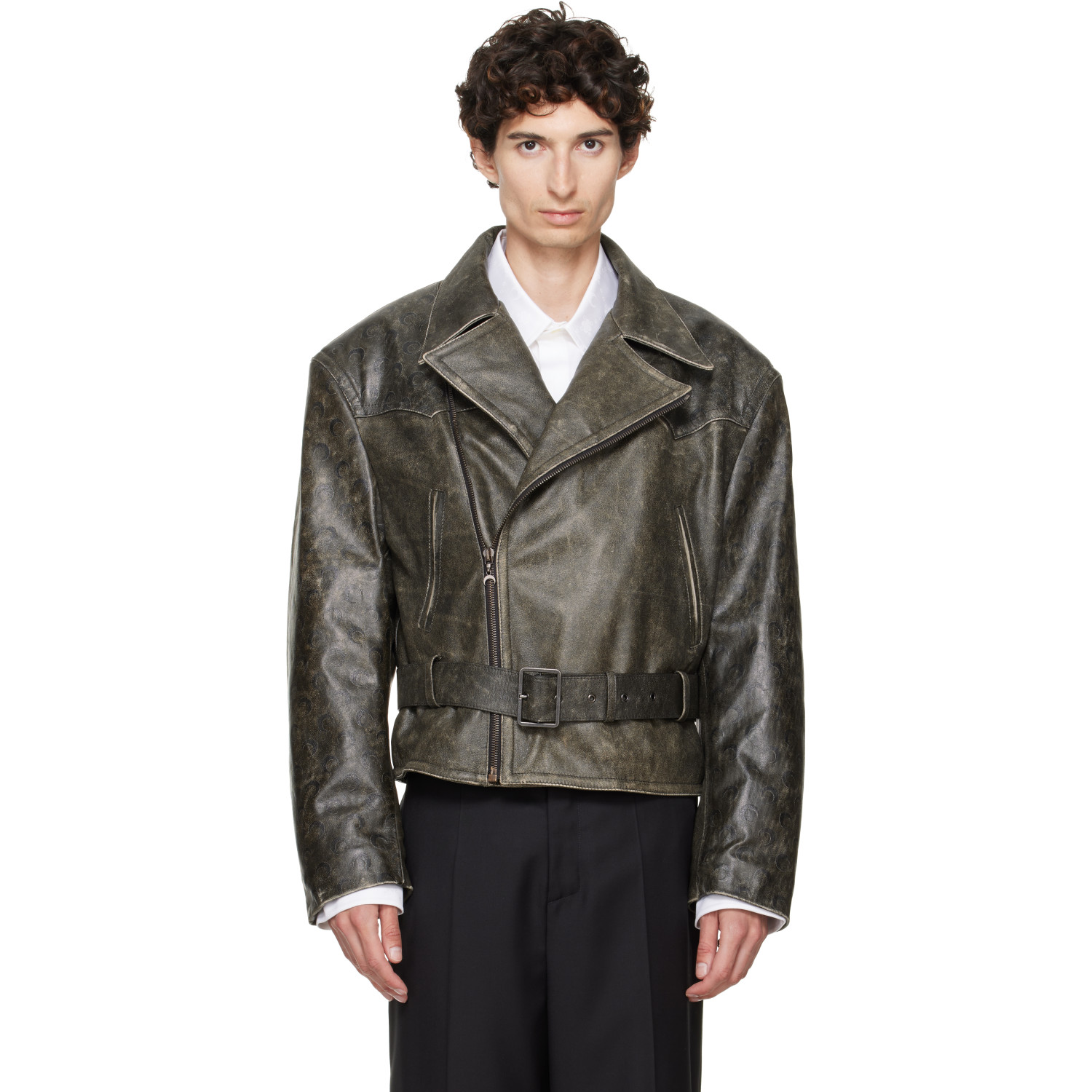 Marine Serre Gray Vintage Moon Leather Biker Jacket