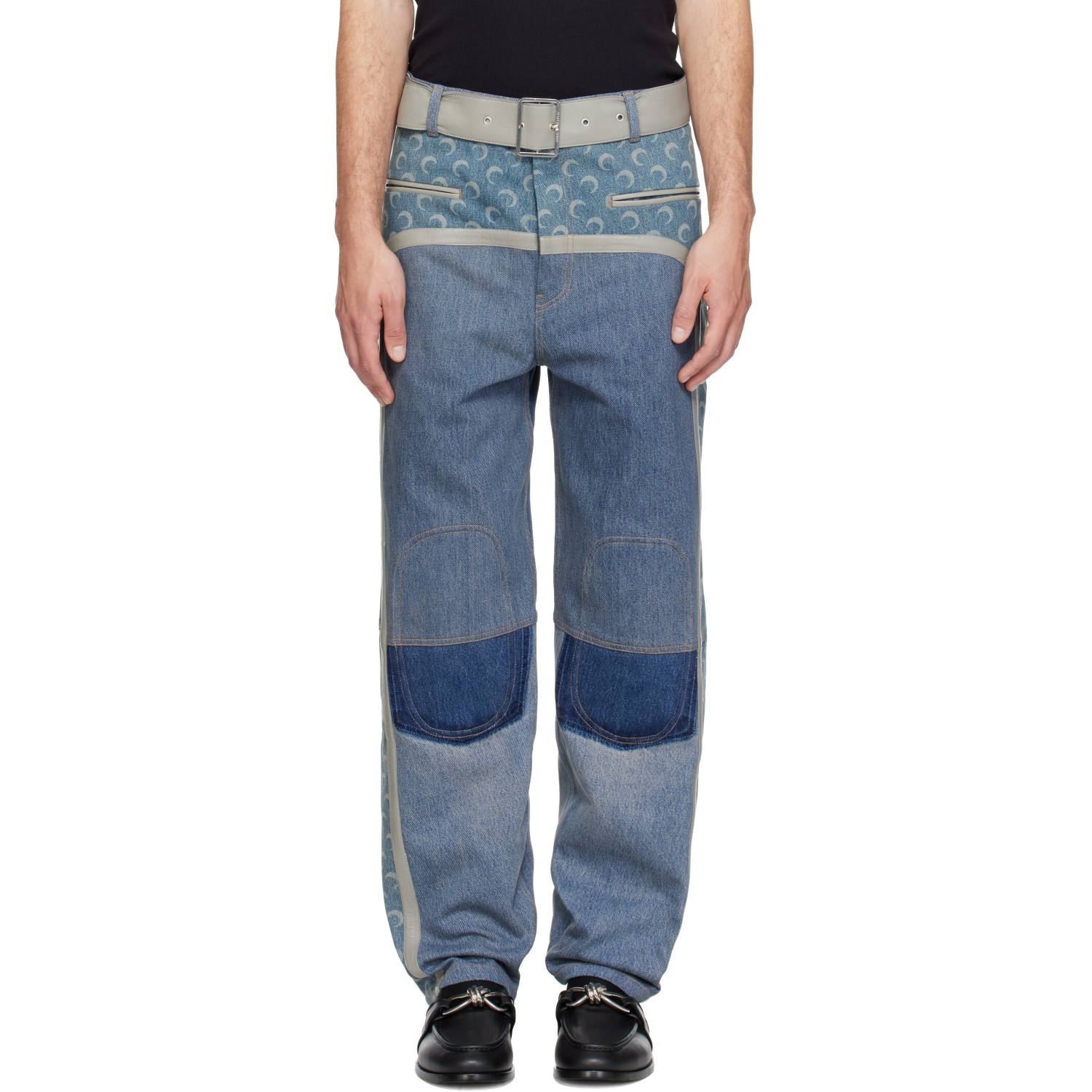 Marine Serre Blue Regenerated Denim Belted Baggy Jeans