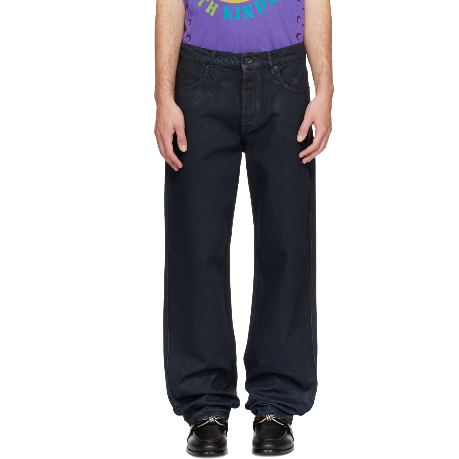 Marine Serre Black Moon Waxed Denim Straight Jeans