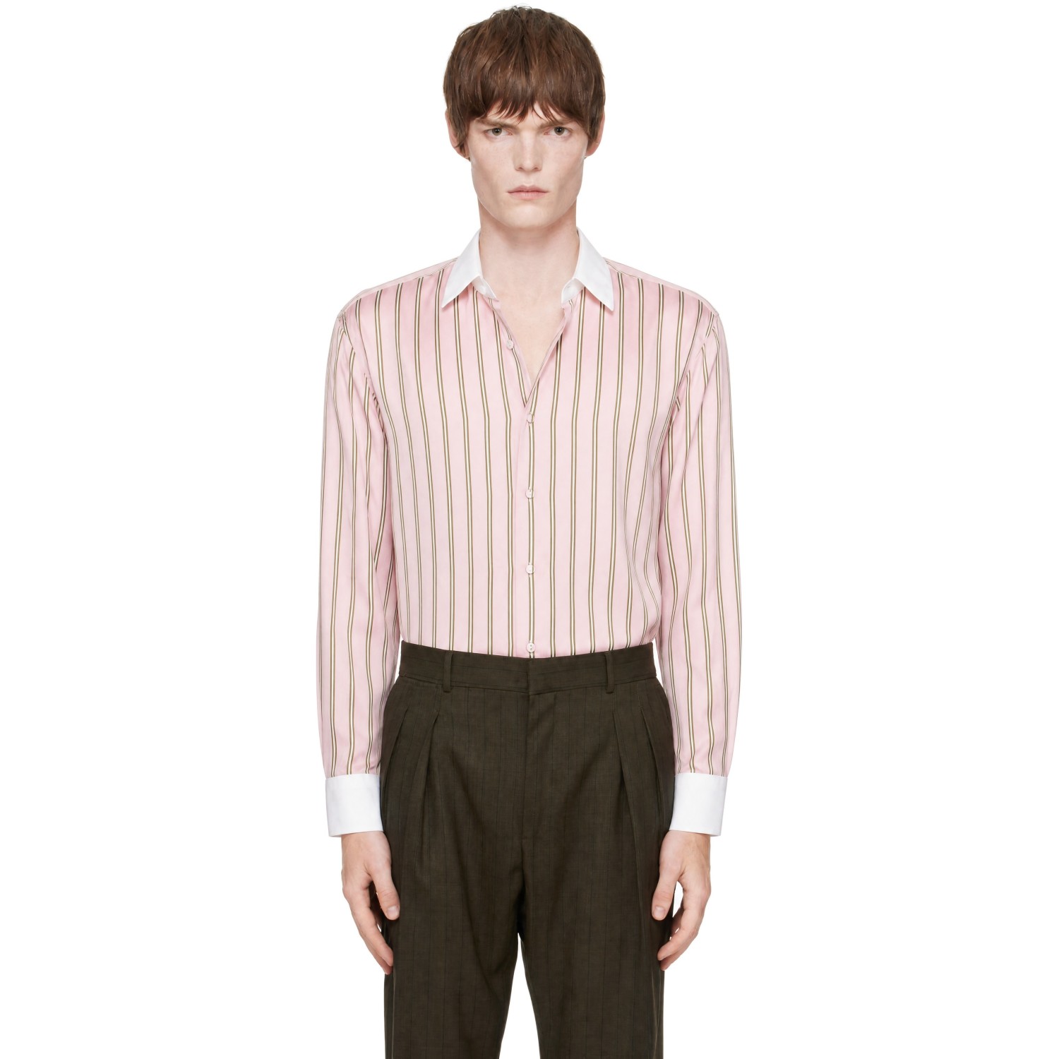TOM FORD Pink Oxford Stripe Silk Jacquard Contrast Fluid Fit Shirt