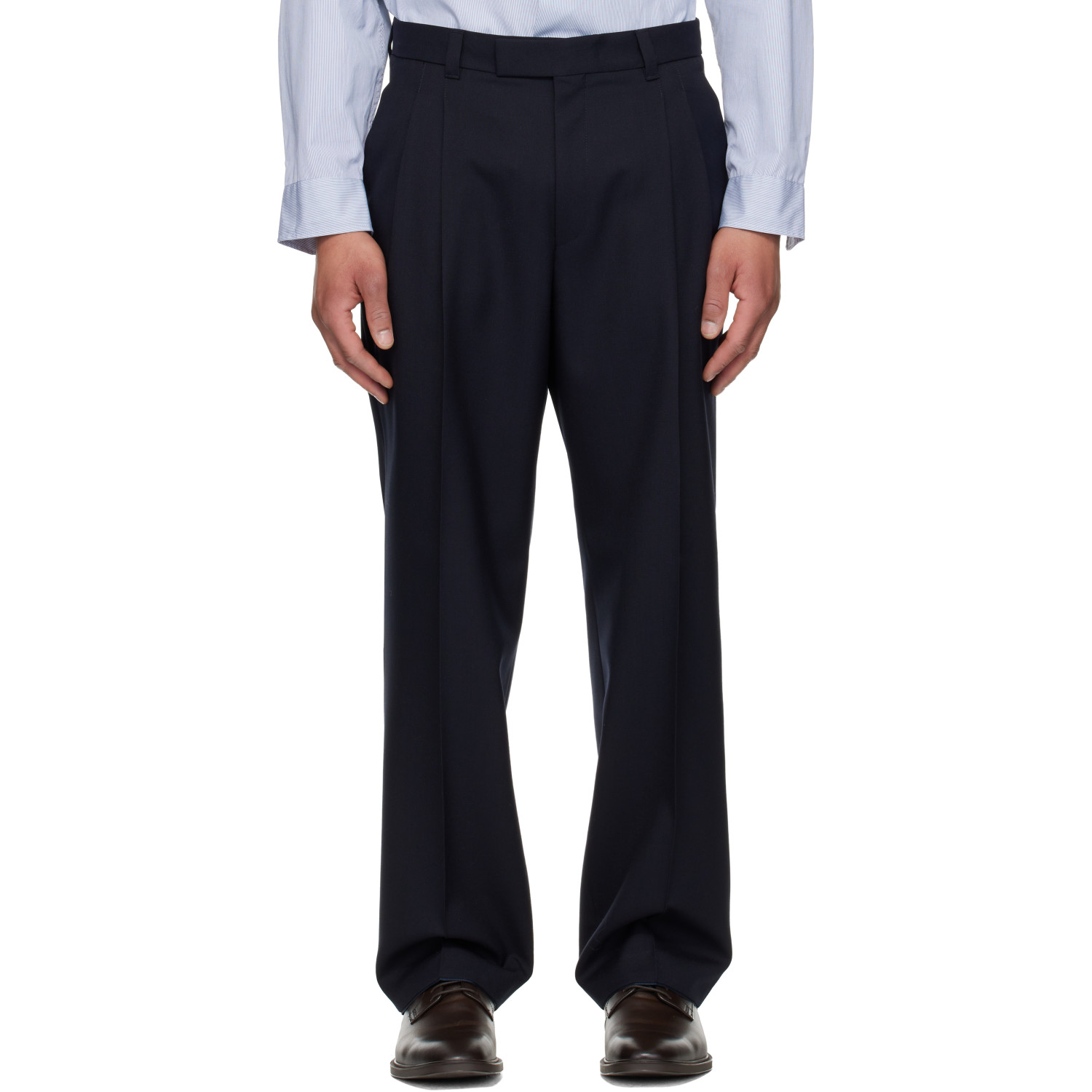 BOSS Navy Tapered-Fit Melange Virgin Wool Trousers